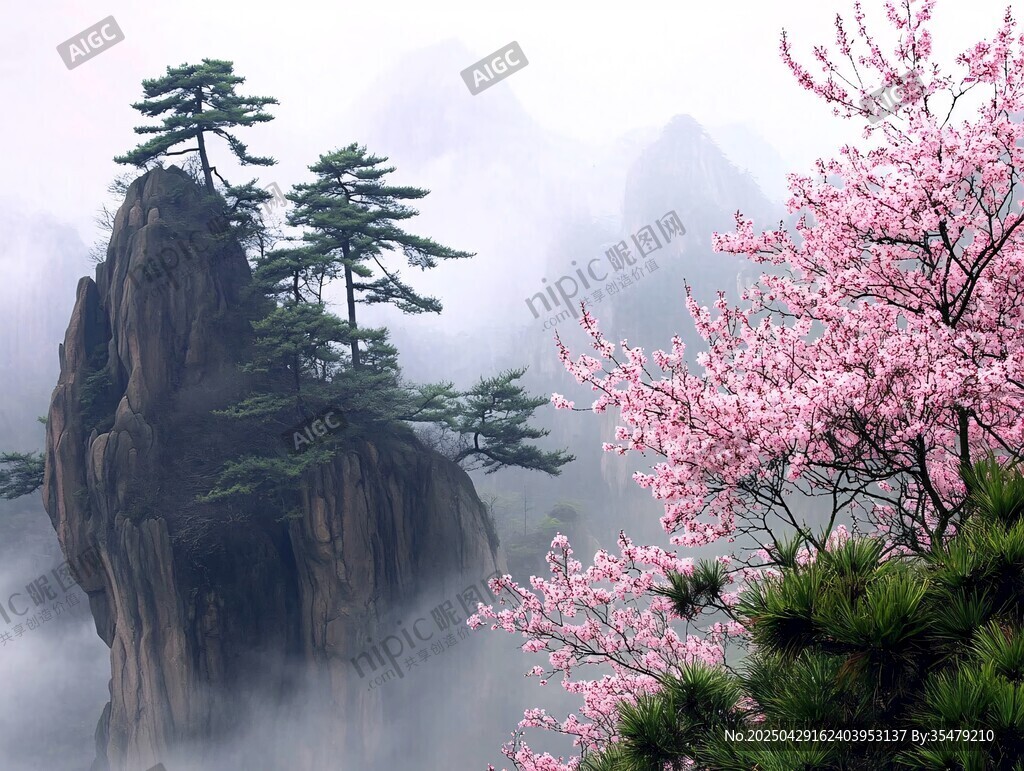 云霧中的山景與爛漫櫻花