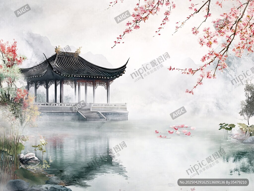 水墨湖畔亭 繁花映春景