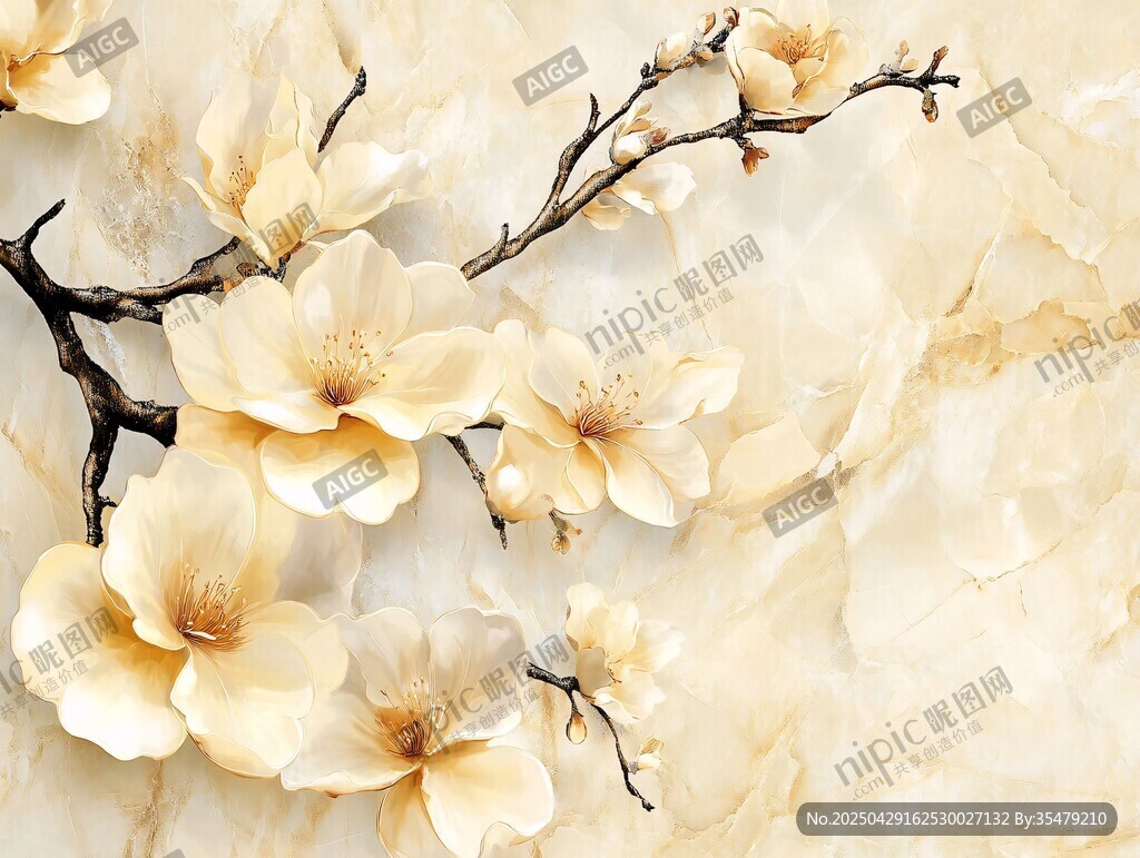 米黃色花卉樹枝唯美畫面