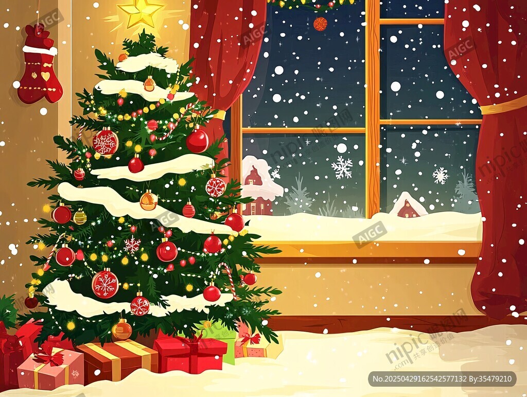 溫馨圣誕室內(nèi)雪景圣誕樹