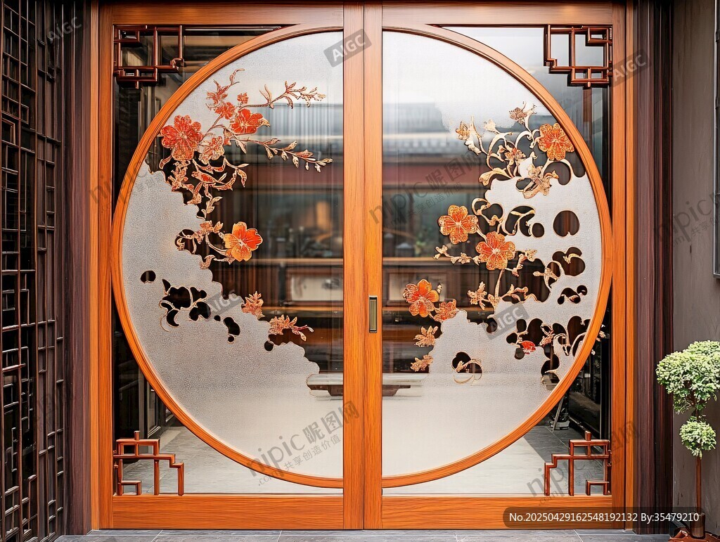 中式雕花雙開木質庭院門