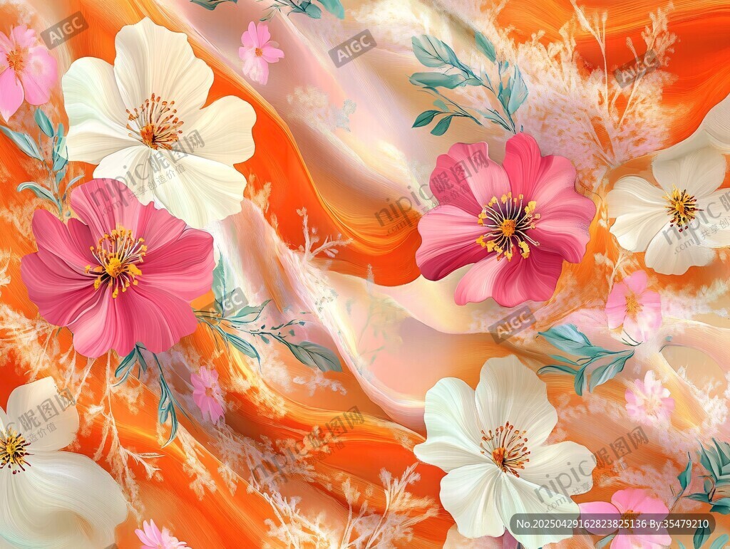 橘色花卉絲綢圖案