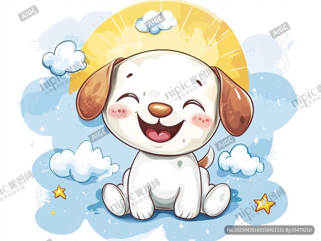 快樂小狗坐于藍天白云間