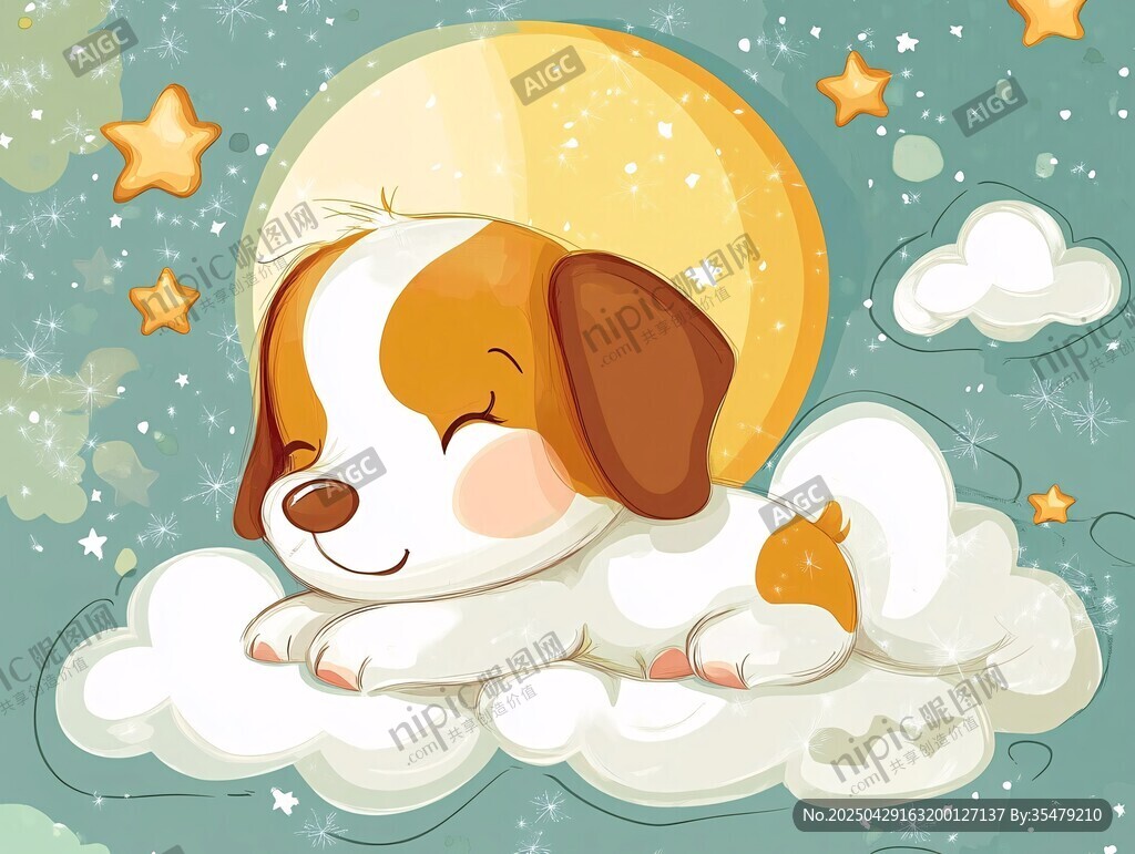 小狗云端睡在明月星光下