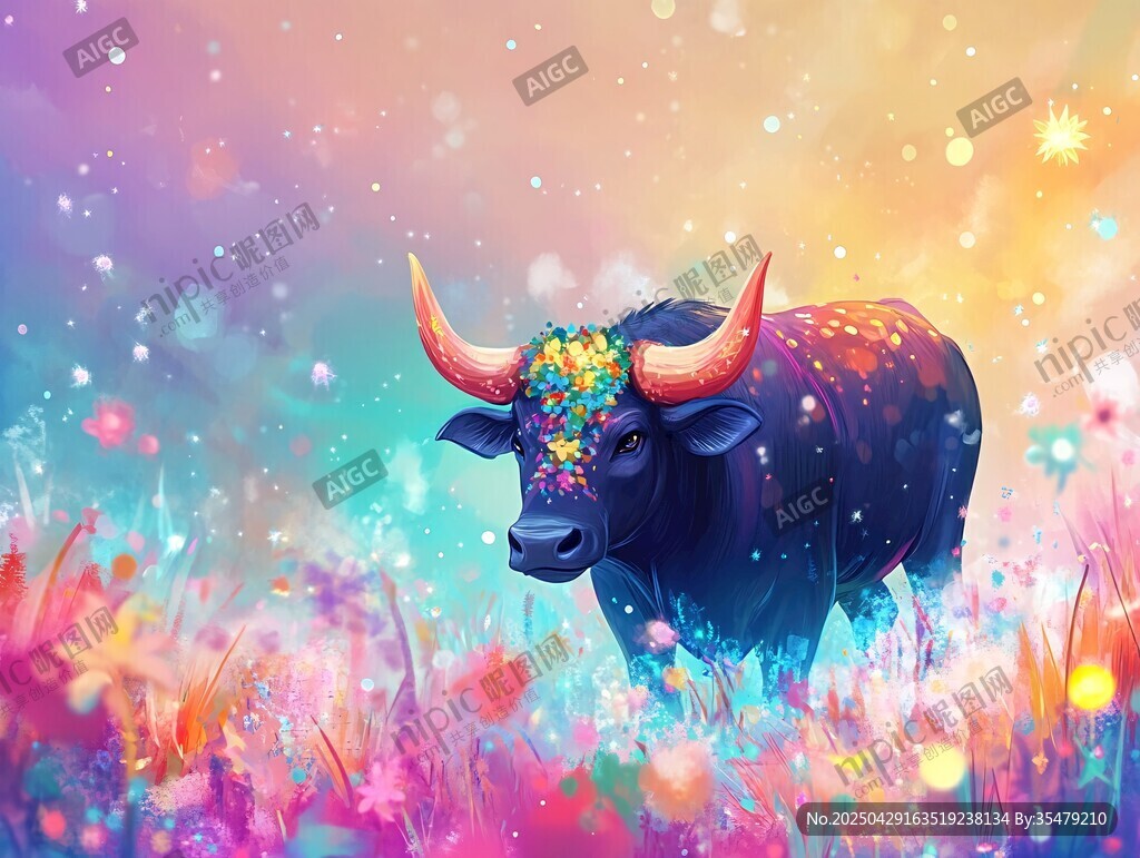夢(mèng)幻花飾牛漫步繽紛草地