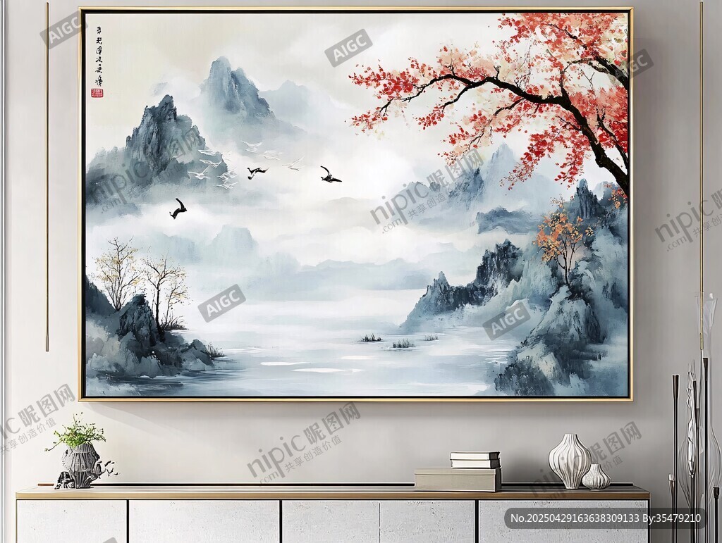 中式山水墨韻紅梅掛畫