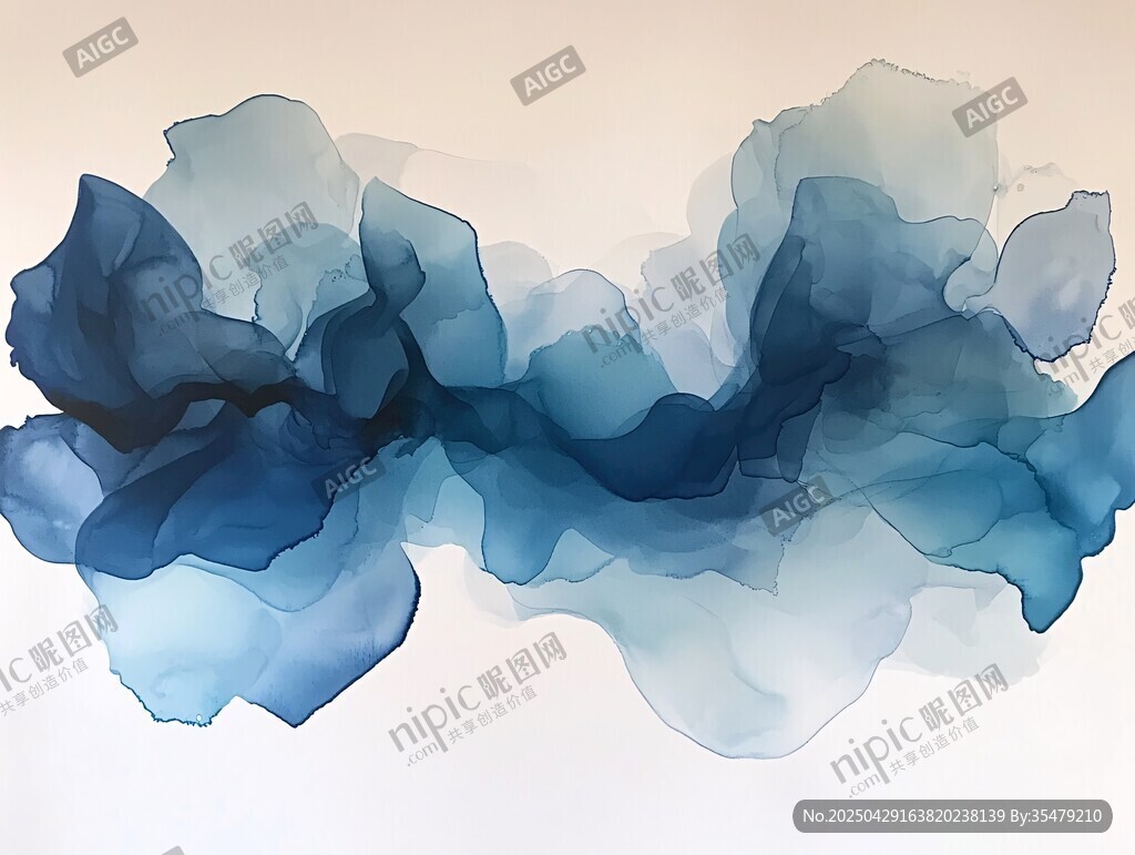藍色水墨暈染抽象藝術畫