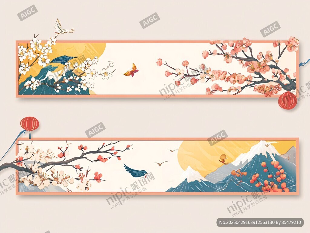 日式花鳥富士山橫幅插畫