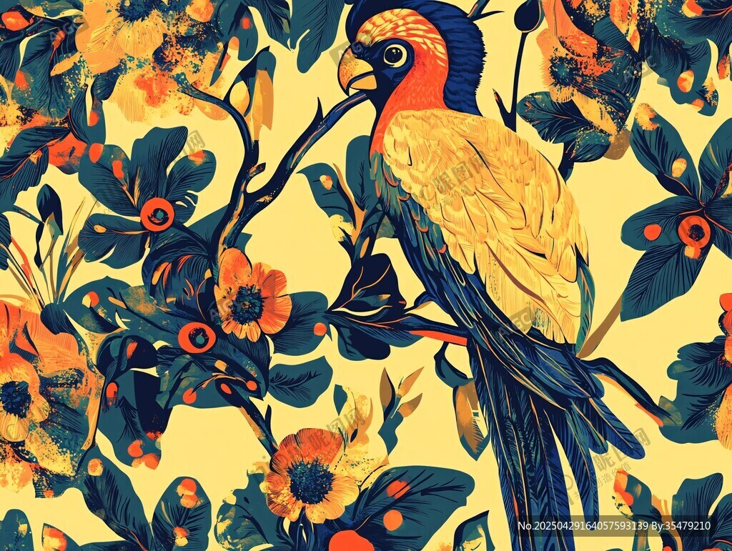 鸚鵡棲于繁花枝葉間