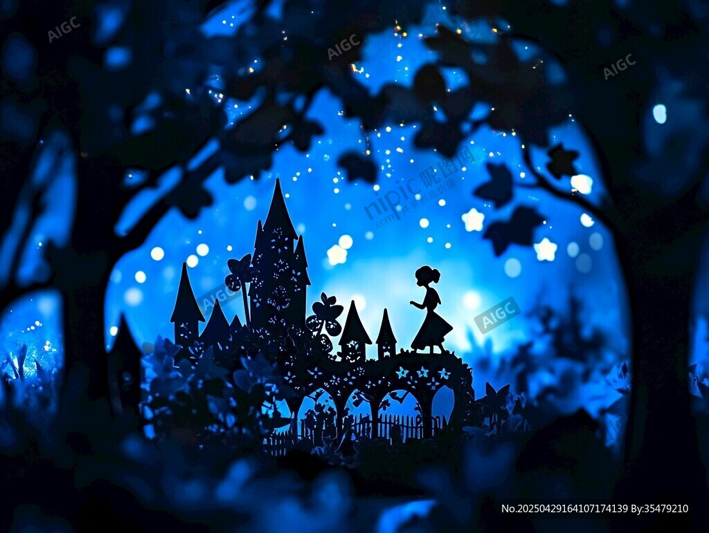 夢幻夜下的城堡與女孩剪影