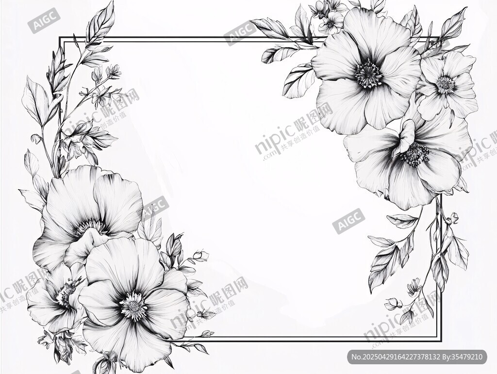 黑白花卉邊框插畫