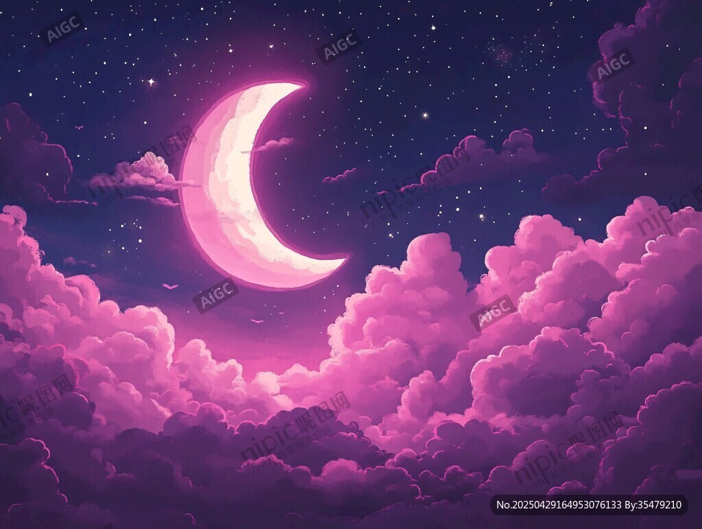 夢幻粉紫月夜云朵美景