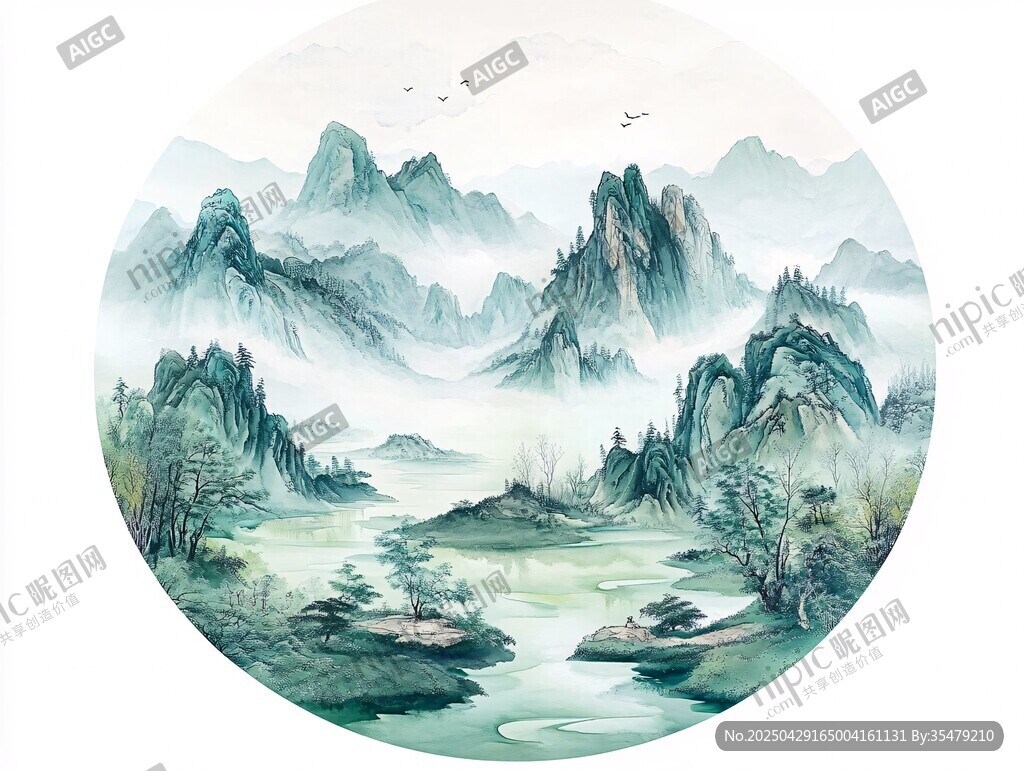 圓形水墨山水意境圖