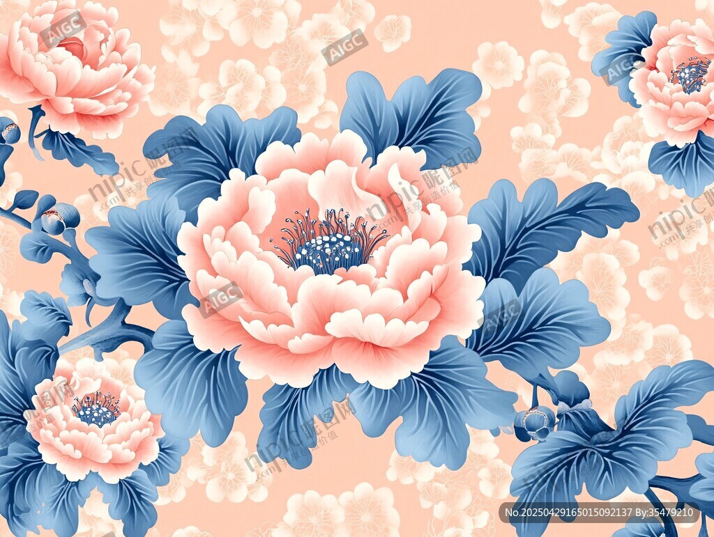 粉色牡丹藍葉花卉圖案