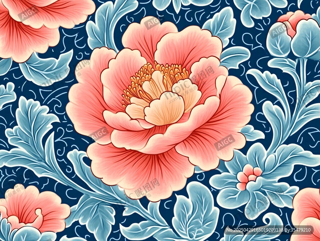 藍底牡丹花卉圖案