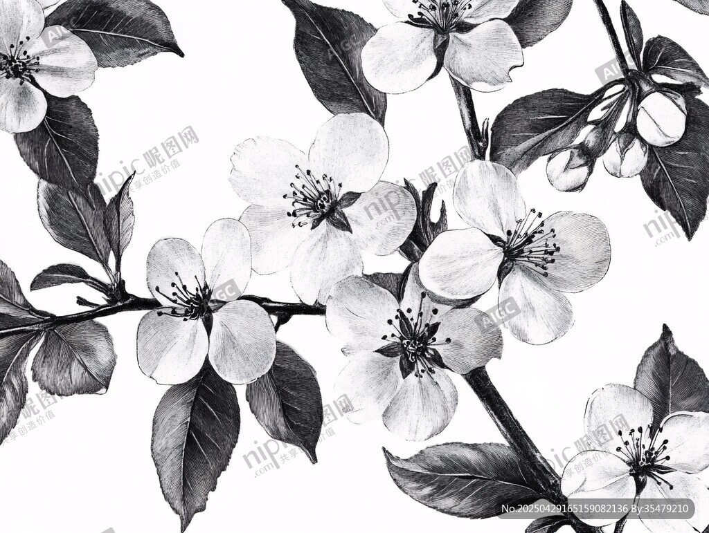 黑白花卉枝葉圖案