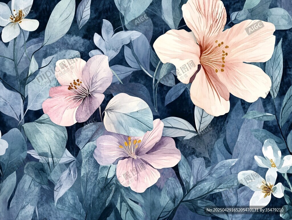 藍(lán)底粉白花卉水彩圖案