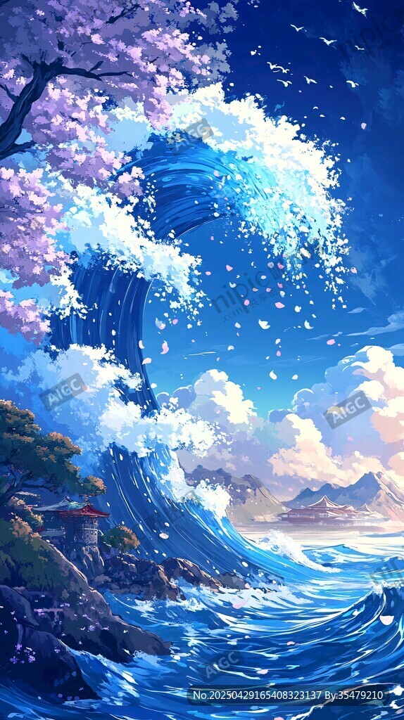 夢(mèng)幻海浪與爛漫櫻花之景