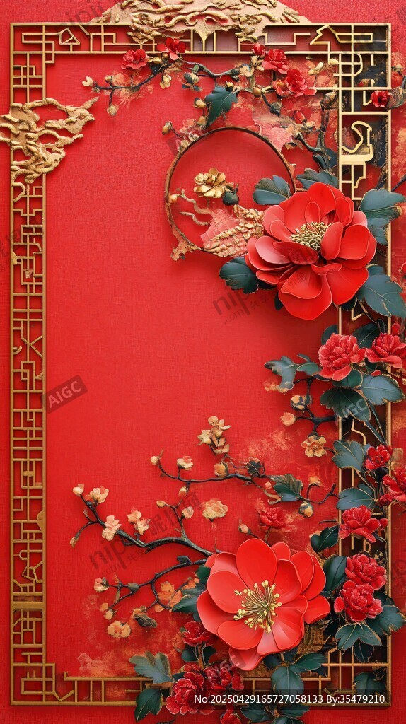 中式紅底花卉邊框裝飾圖