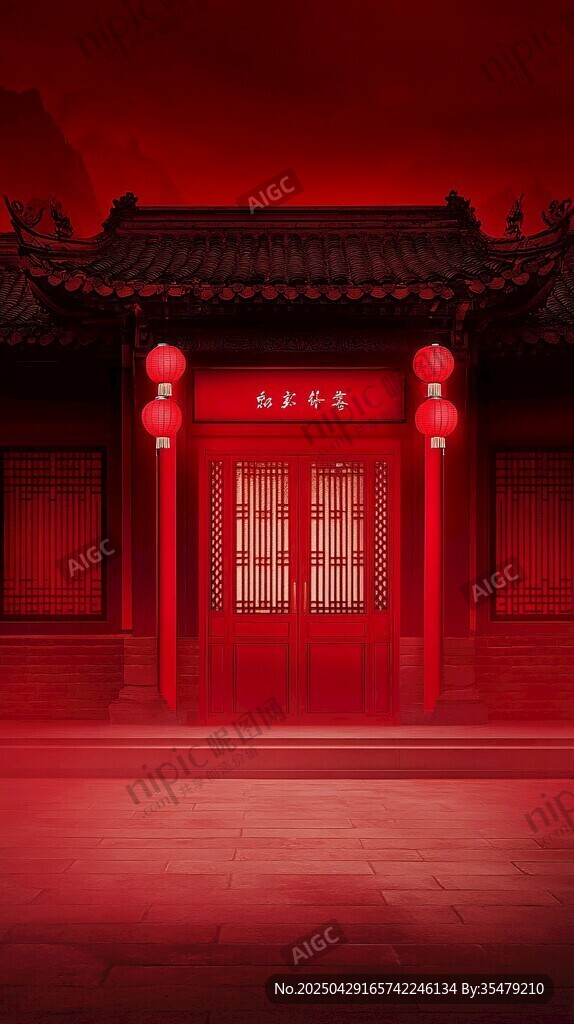 中式紅門古韻場景