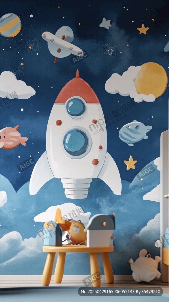 夢(mèng)幻太空主題兒童房墻繪