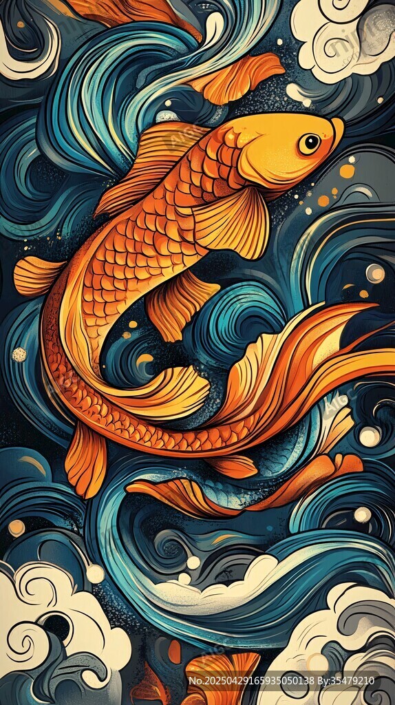 錦鯉躍浪圖