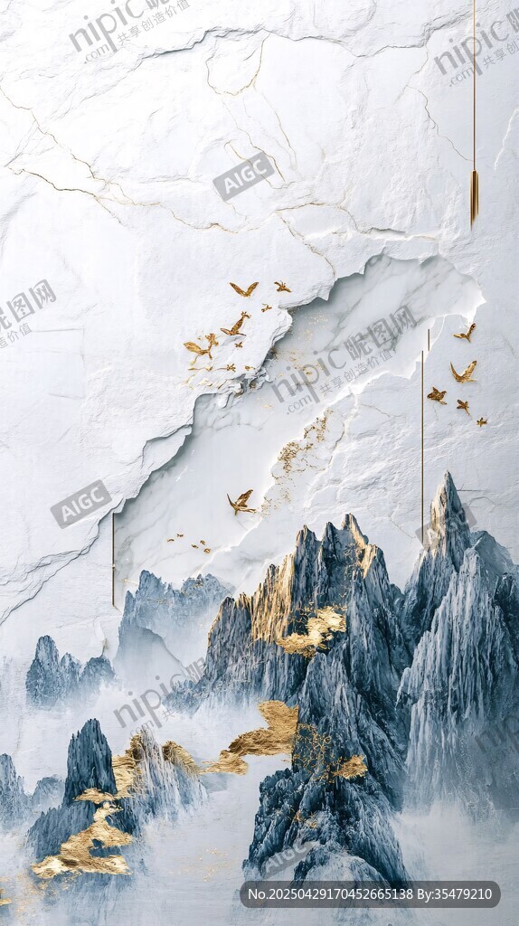 水墨金紋山水飛鳥圖