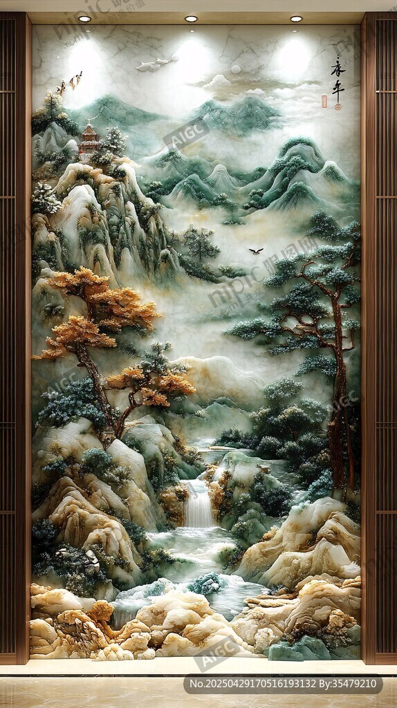 中式山水玄關(guān)壁畫意境美