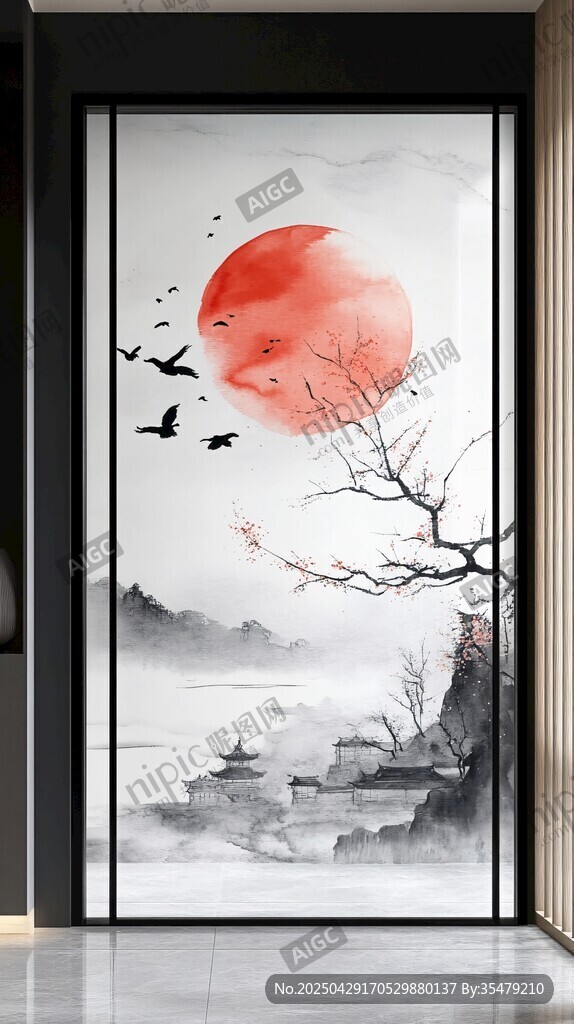 中式水墨風(fēng)紅日飛鳥屏風(fēng)畫