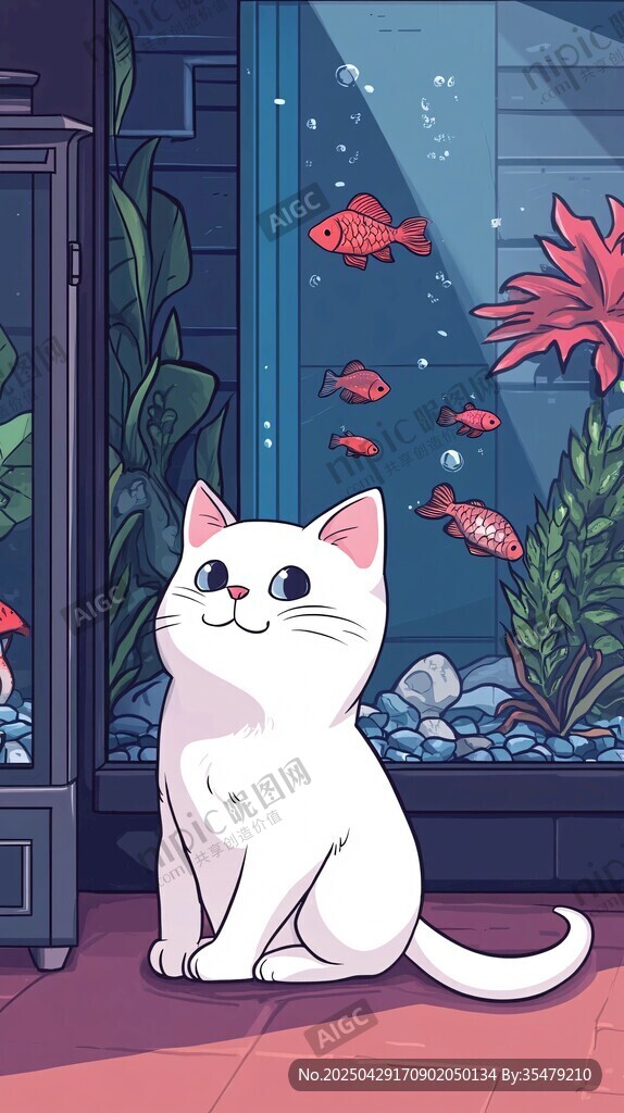 白貓凝視缸中游動金魚