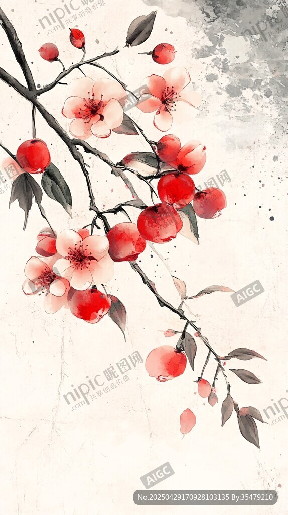 水墨紅梅圖