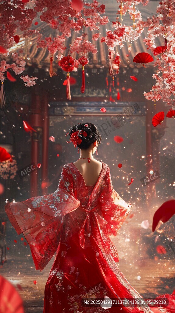 紅衣佳人漫步古典花境