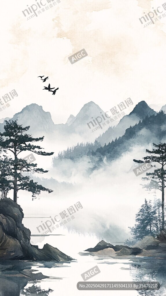 水墨山水間飛鳥伴松景