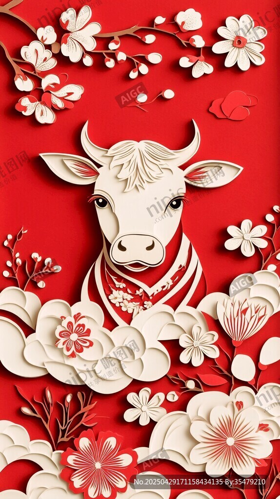 牛年剪紙風(fēng)牛形象裝飾畫(huà)