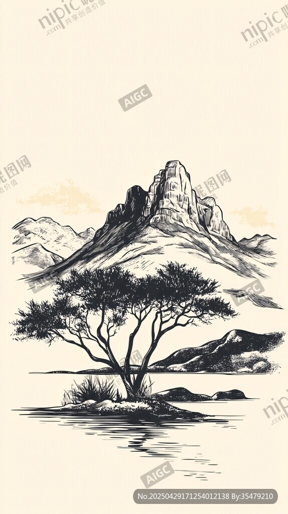 水墨山水間的孤樹美景