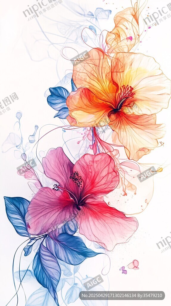 夢幻水彩花卉插畫