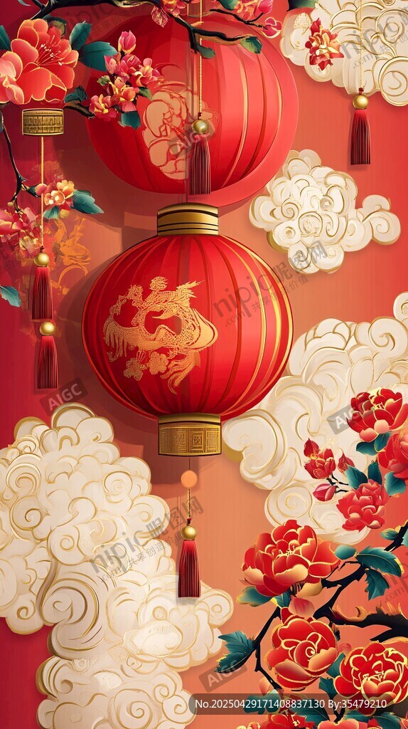 喜慶中式燈籠花卉裝飾圖