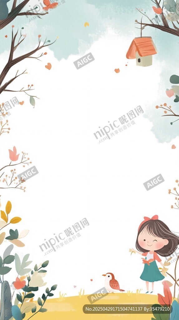 春日女孩與花鳥(niǎo)的溫馨場(chǎng)景