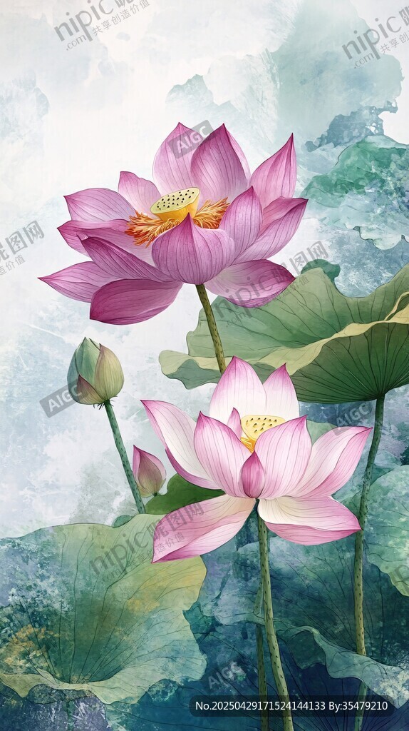 水墨風(fēng)盛開的嬌艷荷花