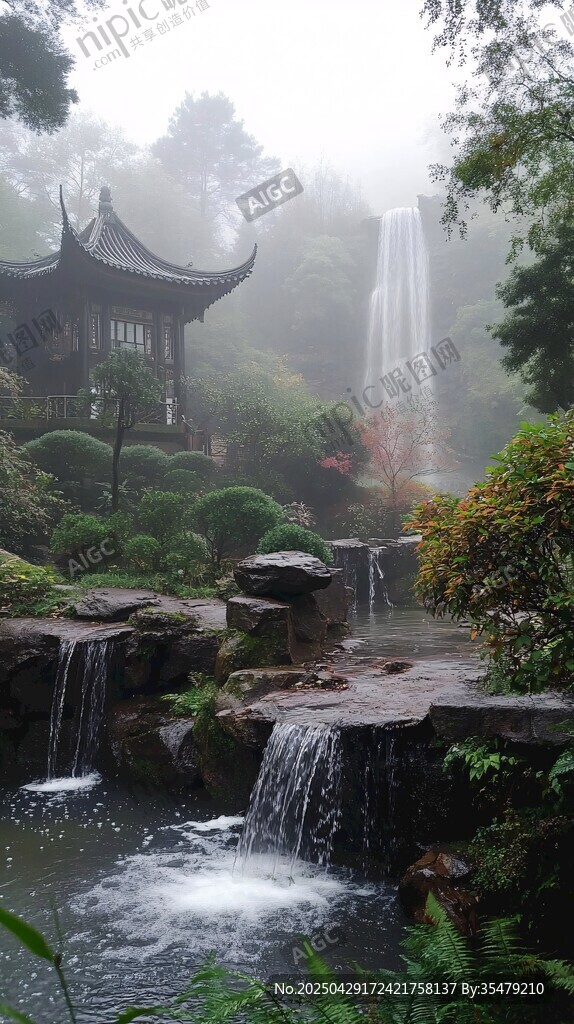 霧中中式園林瀑布景觀