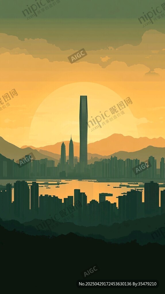 夕陽(yáng)下的都市天際線景觀