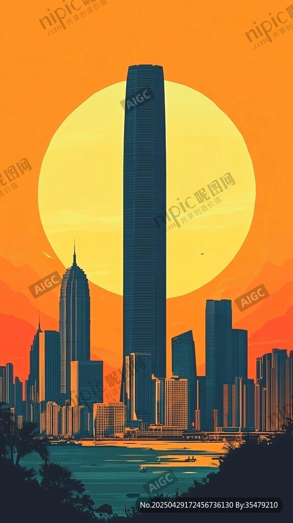 夕陽(yáng)下的繁華都市天際線