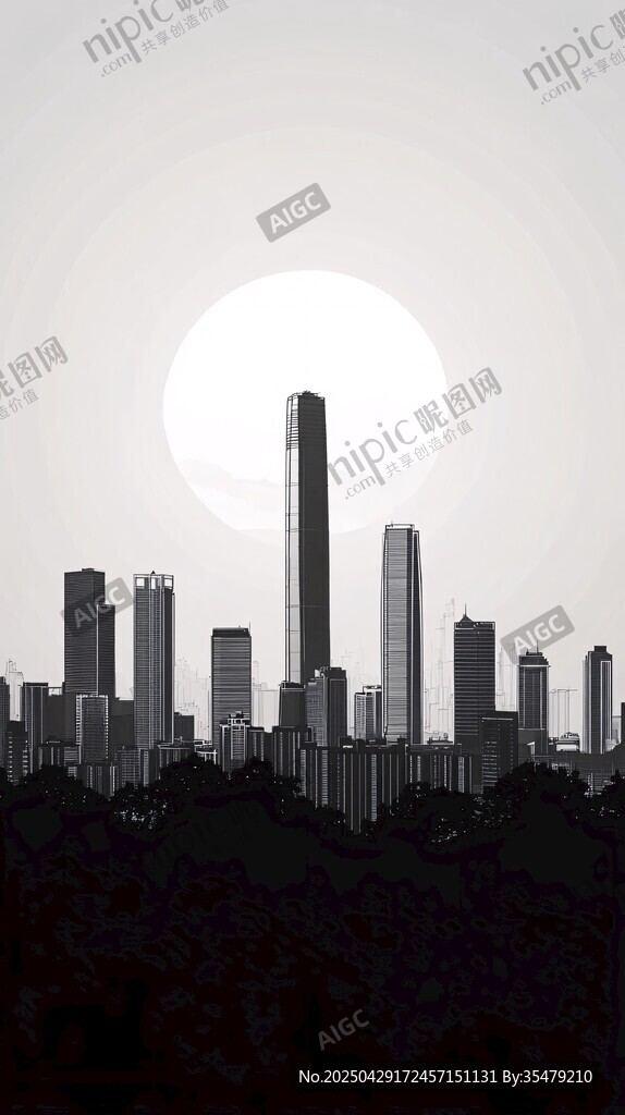 都市剪影與朦朧巨月