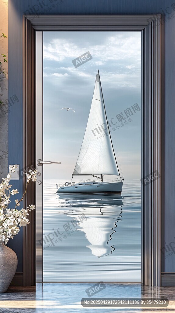 海上帆船風景門貼圖案