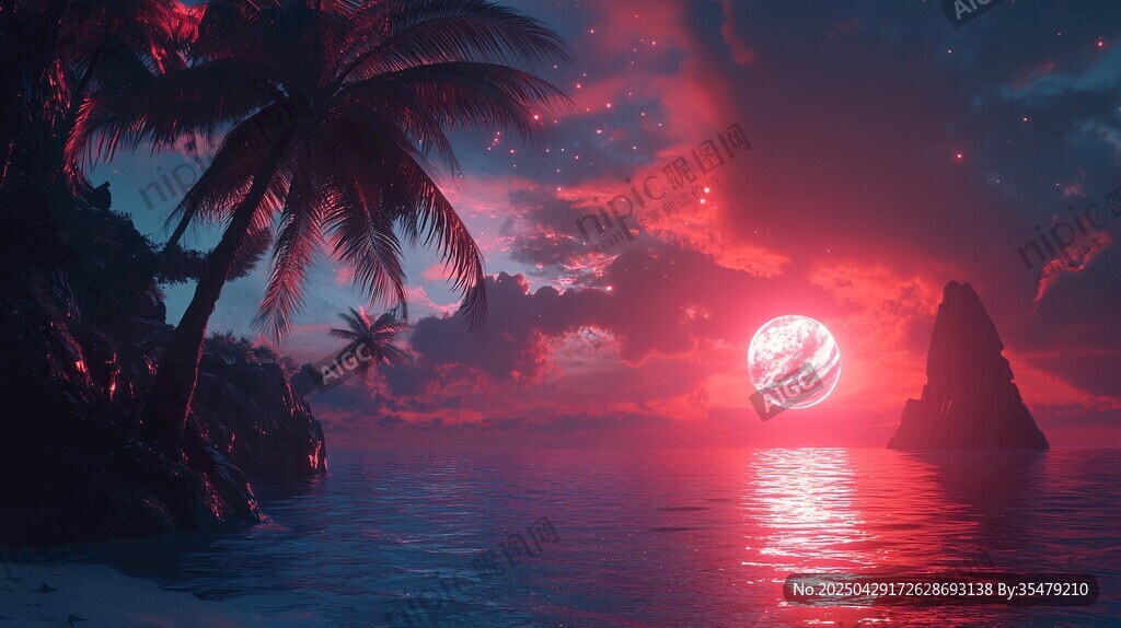 夢幻海邊的神秘緋紅落日