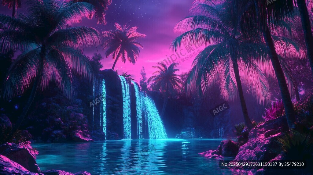 夢幻霓虹瀑布下的熱帶風光