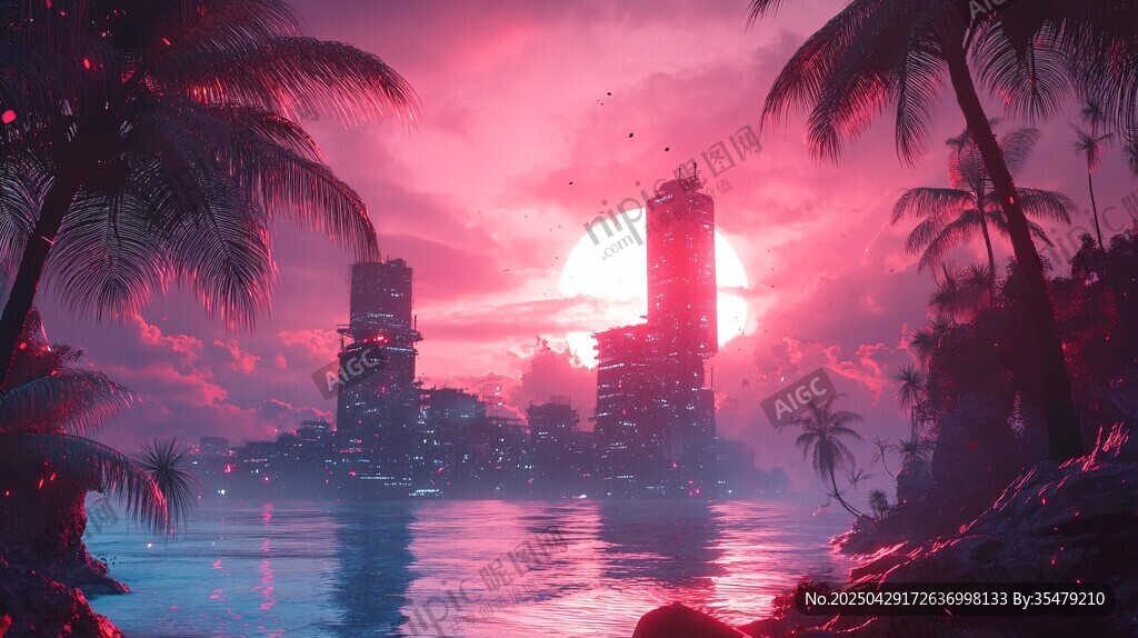 夢幻粉紫城市海濱日落景
