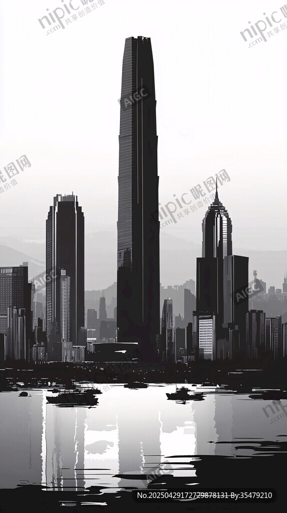 水墨風(fēng)現(xiàn)代都市建筑景觀