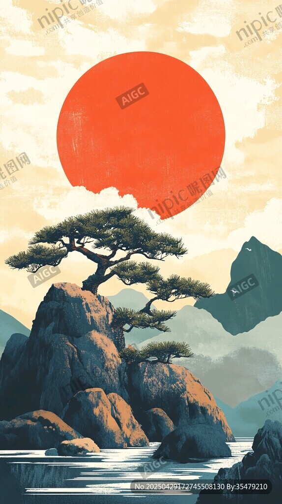 日出青松立 山水映美景
