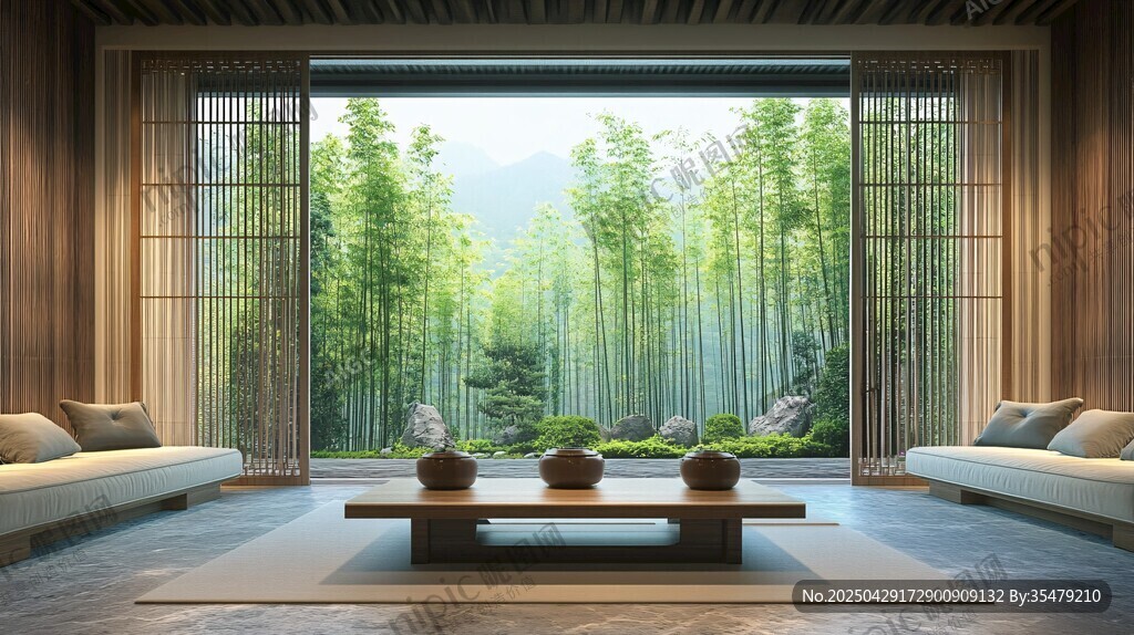 中式禪意客廳外竹林景致